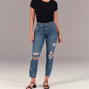 Abercrombie & Fitch High Rise Mom Jeans in Distressed Medium Blue Wash 28